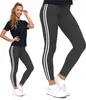 A woman is shown wearing leggings and a t-shirt, with a close-up view of the leggings. Produktbild-Vorschau
