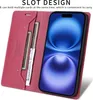 A red flip wallet phone case is open, showing the inside card slots and a phone screen. Produktbild-Vorschau