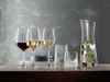A collection of glassware, including wine glasses and a carafe filled with infused water, arranged on a wooden surface against a textured gray background. Náhled obrázku produktu