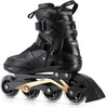 A black and gold inline skate is shown against a white background. Náhľad obrázku produktu