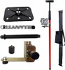 A collection of parts for a laser leveling tool, including a telescopic pole, a spring, a mounting bracket, and a carrying case, laid out against a white background. Náhled obrázku produktu