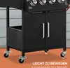 Close-up view of the lower section of a black gas grill, focusing on its cabinet and wheels. Produktbild-Vorschau