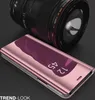A rose gold flip case for a smartphone is shown in front of a camera lens. Produktbild-Vorschau