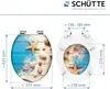 Diagram showing the dimensions of a toilet seat with a beach-themed design. Náhled obrázku produktu