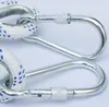 Close-up view of two metal carabiners attached to a white rope with blue stitching. Produktbild-Vorschau