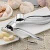 Two silver garlic presses are shown on a white plate, with garlic bulbs and cloves in the background. Náhled obrázku produktu
