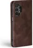 A close-up side view of a brown leather flip case for a smartphone, showing the camera module. Produktbild-Vorschau