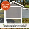 A close-up view of a wooden chicken coop with a grey panel and white trim, set outdoors on grass. Produktbild-Vorschau