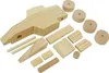 A collection of wooden parts for a model car kit, laid out on a white background. Produktbild-Vorschau