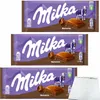 A collage of three Milka Noisette chocolate bars, with a small white slip of paper in the bottom right corner. Produktbild-Vorschau
