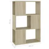 A freestanding, three-tiered bookshelf with six cubbies, shown against a white background with dimensions indicated. Podgląd zdjęcia produktu