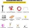 A collage of various blacksmithing forge kit accessories laid out on a white background with text labels. Voir les images du produit