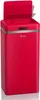 A red retro-style trash can with its lid open. Voir les images du produit
