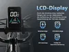 A close-up of an e-bike's LCD display and handlebars, with marketing text and icons explaining its features. Produktbild-Vorschau