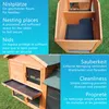 A wooden rabbit hutch with multiple levels and an attached run, shown outdoors on grass. Text overlays describe features in German, English, and French. Produktbild-Vorschau