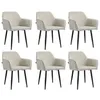 Six beige dining chairs with black metal legs are arranged in two rows of three against a white background.