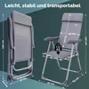 A folded and an unfolded camping chair with dimensions and weight capacity indicated. Produktbild-Vorschau