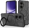 Multiple views of a black smartphone case with a ring holder and kickstand, displayed on a white background. Produktbild-Vorschau