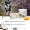 A dog is running in a field of purple flowers, with a product jar and ingredients shown. Produktbild-Vorschau