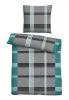 A folded duvet cover and a pillowcase with a plaid pattern. Produktbild-Vorschau