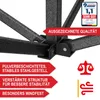 Close-up of a dark gray metal frame structure with red text overlays and icons. Produktbild-Vorschau