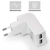 A white dual-port USB power adapter is shown with two icons above it, one indicating overcurrent protection and the other short-circuit protection. Anteprima dell’immagine prodotto