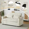 A beige sofa bed is shown in a living room setting, with close-up insets highlighting its features. Produktbild-Vorschau