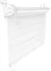 A white roller blind with a striped pattern, shown hanging from a bracket.