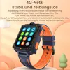 A smartwatch with a colorful screen displaying app icons, set against a light orange and white background with decorative elements. Produktbild-Vorschau
