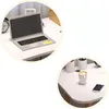 A collage of two close-up shots of a white desk with a laptop, a coffee cup, a smartphone, and desk accessories. Produktbild-Vorschau