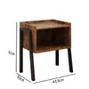 A rustic bedside table with a wooden finish and black metal legs, shown against a white background with dimensions indicated. Podgląd zdjęcia produktu