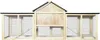 A front view of a wooden rabbit hutch with a central enclosed section and two open-air runs on either side. Voir les images du produit