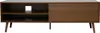 A brown TV stand with a sliding door and open shelving, shown against a white background. Voir les images du produit