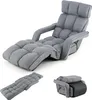 A gray floor chair in multiple configurations: fully reclined, folded flat, and folded compactly. Produktbild-Vorschau