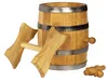 A wooden barrel with metal bands and two wooden handles, along with a wooden spigot, is displayed against a white background. Produktbild-Vorschau