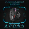A black gaming mouse with RGB lighting is displayed against a dark background, surrounded by a futuristic blue frame and icons representing its features. Produktbild-Vorschau