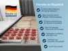 A bed frame with wooden slats and red plastic modules attached to the slats, with a "Made in Germany" logo and a list of product benefits in German. Produktbild-Vorschau