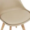 Close-up of a beige upholstered chair seat and wooden legs. Náhled obrázku produktu