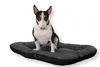 A bull terrier dog sitting on a dark gray dog bed. Produktbild-Vorschau