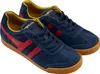 A pair of navy blue Gola sneakers with red stripes and yellow accents, shown against a white background. Náhled obrázku produktu