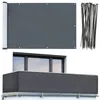 A balcony privacy screen and cable ties are shown against a white background, with a separate image below showing the screen installed on a balcony. Produktbild-Vorschau