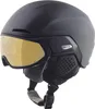 A black ski helmet with a gold visor is shown against a white background. Produktbild-Vorschau