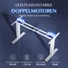 A white height-adjustable desk frame with dual motors, shown from a diagonal angle against a dark blue background. Feature callouts with icons and text are present at the bottom. Náhled obrázku produktu