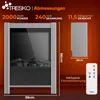 Marketing image showing an electric fireplace with dimensions and specifications. Produktbild-Vorschau