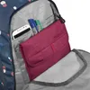 Close-up view of the inside of a backpack, showing a phone, pens, and a maroon pouch. Voir les images du produit