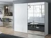 A modern living room with a white wardrobe featuring mirrored doors, reflecting a sofa and coffee table. Produktbild-Vorschau