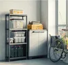 A storage shelf unit with various items, next to a cabinet and a bicycle. Náhled obrázku produktu