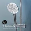 A close-up of a modern shower head and shower arm against a gradient blue and gray background. Produktbild-Vorschau