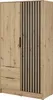 A full-shot image of a wardrobe with a wood-like finish and black slatted doors. Voir les images du produit