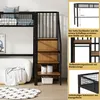 A loft bed with integrated shelves and a ladder, shown with decorative pillows and a blanket on the bed and a rug on the floor. Additional inset images highlight features and dimensions. Náhled obrázku produktu